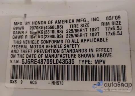 2009 Honda Cr-V Ex-L из США, поврежденный, VIN 5J6RE48709L043535